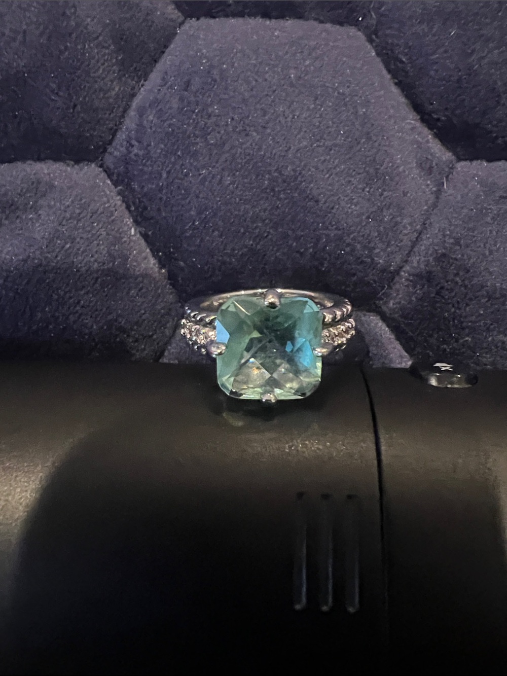 Lia Sophia Rhodium- plated aquamarine color ring and matching earrings. Sz 7.